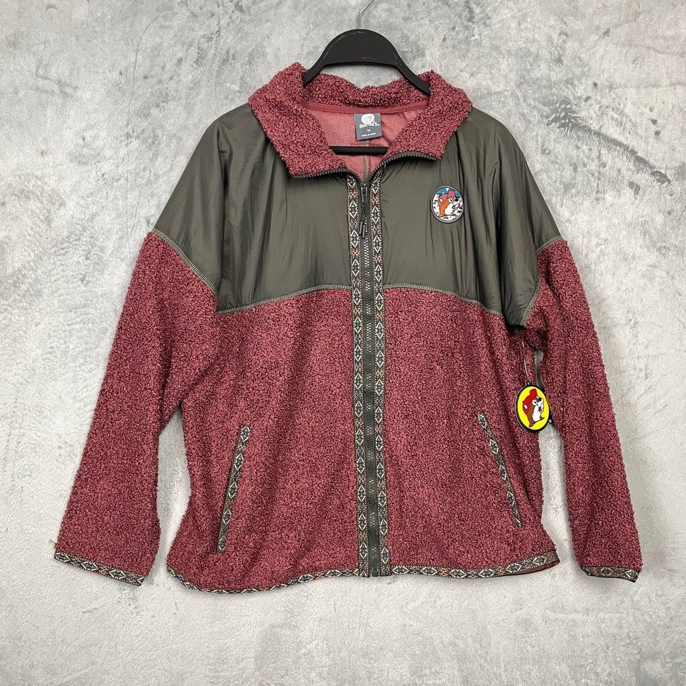 Buc-ee's Western Sherpa‎ Fleece Zip Jacket Medium Aztec Trim Cozy Boho Outdoor
